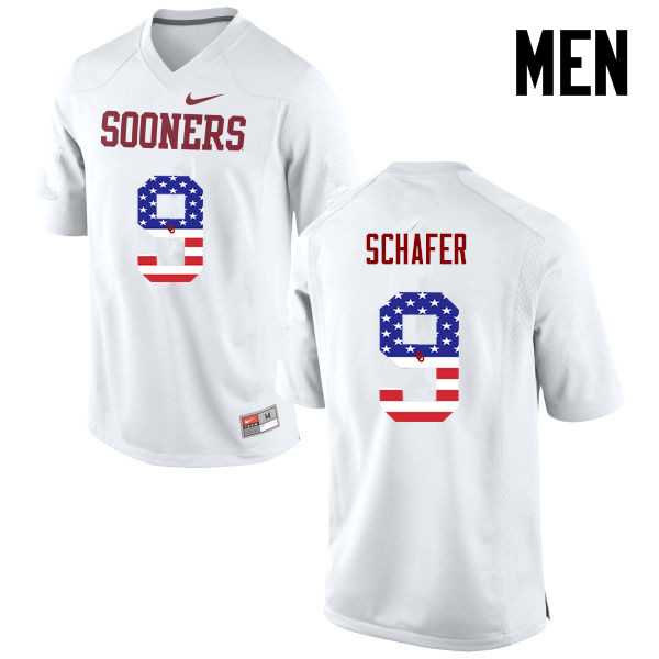 Men Oklahoma Sooners #9 Tanner Schafer College Football USA Flag Fashion Jerseys-White - Click Image to Close